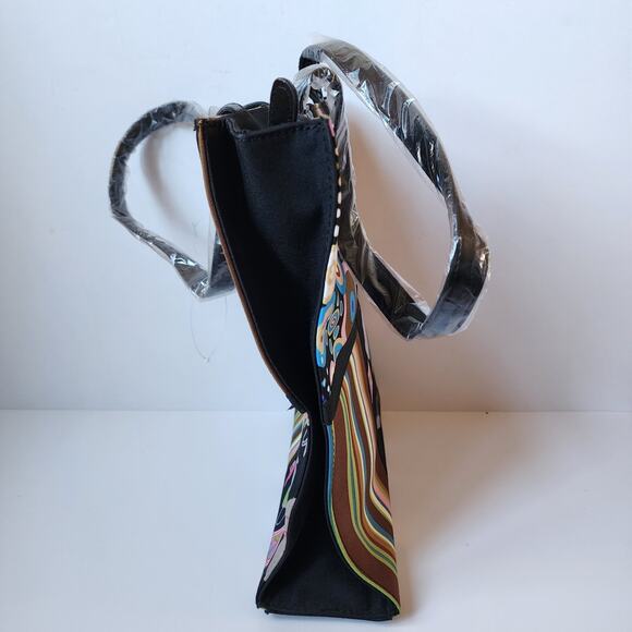 Black Tote Purse Shoulder Bag Handbag Stripes Circles Shoes 11" x 3" x 13" - Picture 4 of 7